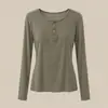 Camiseta básica de cachemira con cuello Henley para mujer, corte ajustado, hombro normal, manga larga, ligera, retiene el calor, adelgazante, top de punto elástico
