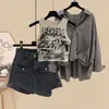 Estilo Sal de Primavera Estilo Cocción Ligera Vestir Mujer 2024 Nueva Llegada de Moda Versátil Camisa Chaleco Estampado Pantalones Cortos Traje de Tres Piezas