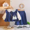Novos Looks Estilosos para Meninas Primavera e Outono Conjunto de Três Peças em Jeans com Botões Conjunto Doce Estilo Coreano Tendência Atacado