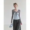 Forever Estilo Coreano Bloques de Color Lunares Encaje Atado Chal Falso Dos Piezas Camiseta de Manga Larga para Mujer Otoño Adelgazante Favorecedor Top Pequeño