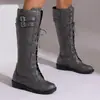 Botas de Motocicleta de Caña Alta con Cordones y Hebilla Estilo Británico Tacón Bajo Botas Casuales Botas Vaqueras Tallas Grandes 40-48 Comercio Exterior