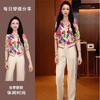 2025 Nueva Moda de Verano Cárdigan de Manga Corta con Estampado Albaricoque Top Look Adelgazante Pantalones Casuales Traje de Dos Piezas para Mujer