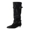 Botas de Piel de Vaca de Primera Capa Apiladas Botas de Montura para Mujer Botas de Invierno Punta Fina Tacón Medio Delgado Hebilla Botas de Pantorrilla Ancha Botas Altas para Mujer No Botas Altas hasta la Rodilla