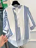 Camisa casual de manga corta a rayas para mujer, transfronteriza europea y americana de Amazon, estilo nuevo de primavera y verano, top adelgazante que cubre el abdomen