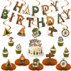 Banner de aniversário temático de aventura de camping transfronteiriço em estilo floresta, guirlanda de letras, decorações pendentes espirais, toppers de bolo e decorações de mesa
