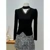 Blusa de tricô manga longa estilo francês para mulheres, moda outono e inverno, gola V, gola halter, cruzada, blusa base afina a silhueta, top único