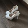 Sapatos Mary Jane Vermelhos Impermeáveis de Salto Alto para Mulheres 2025 Primavera Novo Estilo Sexy Salto Grosso Bico Fino