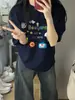 Camiseta Estampada de Manga Curta Oversize Estilo Preguiçoso Retrô Americano para Mulheres 2025 Comprimento Médio Marca Tendência Top Ins