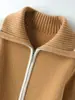 Abrigo de Lana Patchwork Bloque de Color Doble Cremallera Solapa para Mujer Holgado Versátil Viaje Ceñidor de Cintura Cardigan 100% Lana Pura Grueso