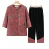 Conjunto de Roupa da Vovó da Moda Verão Blusa de Manga Três Quartos Conjunto de Duas Peças Top Estilo Chinês da Mamãe Conjunto de Moda para Mulheres de Meia-Idade e Idosas