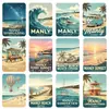 Imanes de nevera estilo póster vintage de Manly, Sídney, Australia, con cielo estrellado, surf, globos aerostáticos y recuerdos de viajes en ferry