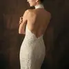 Vestido para Mujer, Vestido Blanco de Boda, Vestido Largo de Sirena con Cuello Halter de Encaje, Ropa para Citas, Espalda Descubierta, Corte Ajustado, Estilo Largo, Elegante