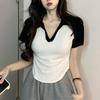 Playera Polo Americana de Manga Corta para Mujer Verano Dulce Hombro Ajustada Adelgazante Color de Contraste Trendy Top Corto Irregular