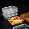Caixa de almoço descartável retangular plástico transparente caixa de lanche espessada com tampa caixa de embalagem talheres 50 conjuntos 1000ml