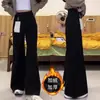 Jeans de Perna Larga Versão A Preta Feminino Outono e Inverno com Forro de Lã Tamanho Plus Size Menina Cheinha Calça Reta Solta Emagrecimento Formato Pera