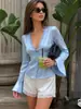 Camisa com amarração e retalhos de renda transfronteiriça, top cardigã estilo casual de outono europeu e americano para férias, camisa feminina da moda de manga comprida