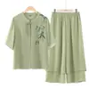 Roupa de Verão da Mamãe 2025 Novo Estilo para Mulheres de Meia-Idade e Idosas, Camisa de Chiffon Chique Estilo Chinês, Blusa de Manga Curta, Calça, Tamanho Grande