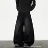 Calça jeans estilo americano, abotoada, barra curva, nova, perna reta solta, caimento fluido, emagrecedora, casual, preta em estoque
