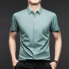 Camisa Popular de Lujo Ligero de Alta Gama Sin Costuras de Color Sólido con Cuello Solapa Oscura de Manga Corta de Seda de Morera Nuevo Estilo de Verano para Hombre