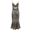 Vestido de Alça Estampa Onça Sexy Retrô Francês Decote V Verão 2025 Ajustado Modelador Bainha Rabo de Peixe