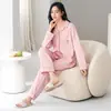 Pijama de mujer para primavera y otoño, de manga larga y pantalón largo, cárdigan de algodón con cuello de solapa, ropa de casa linda de niña con dibujos animados, se puede usar para salir