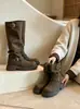 2026 Nuevas Botas Negras Cuadradas con Hebilla de Cuero de Media Pantorrilla para Mujer Moda Tacón Bajo Arrugadas de Caballero Botas Largas