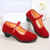 Zapatos de Tela de Estilo Nuevo del Viejo Beijing con Tacones Gruesos, Zapatos de Boda Rojo Brillante, Zapatos de Mujer con Hebilla de Punta Redonda Baja, Zapatos para Baile Cuadrado