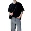 Camiseta de verano para hombre, estilo coreano, patchwork a cuadros, gris claro, de manga corta, con puños, corte holgado y casual, efecto dos piezas.