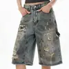 Pantalones Cortos Cropped de Mezclilla Sucios Rasgados Estilo Páramo para Hombre, Diseño de Salpicadura de Tinta Graffiti Urbano, Pantalones Cortos Anchos Sueltos de Nicho