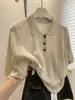 ¡Camiseta de punto de manga corta con solapa de lino de seda helada para mujer! Camisa Polo Casual Elegante de Verano Ajustada para el Trabajo y el Ocio