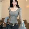 [Venta al por mayor transfronteriza] 2025 Top sexy sexy con cuello en U para mujer Camiseta de manga larga gris Camiseta base que se puede usar por dentro y por fuera