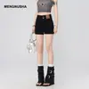 Shorts Jeans Preto de Duas Fileiras Estilo Americano Picante para Mulheres, Novo de Verão Cintura Alta Emagrecedor Versátil Petite Cintura Alta Hot Pants
