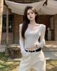 Top Negro Sexy de Cuello Redondo Ajustado Corto Verano Ajuste Delgado Hombrera Integrada Hombro Derecho Manga Larga Camiseta Ropa Interior