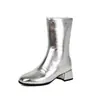 Comercio exterior transfronterizo 2026 botines cuadrados con cremallera trasera, tacón grueso, charol, color plateado, tacón medio, botas de moda, botas de mujer, AliExpress