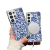 Diseño Floral Azul de Pantalla Completa Transfronterizo Adecuado para Samsung S23 Ultra Funda Protectora Transparente Magsafe Funda Premium para Teléfono