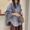 Camisa holgada con mangas abullonadas y rayas de otoño, prenda informal pequeña, estilo japonés, cuello alto pequeño para mujer