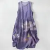 Vestido Casual de Algodão Puro com Estampa Digital Nova, Gola Redonda, Sem Mangas, Comprimento Médio, Para Mulheres, Verão na Praia