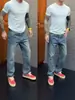 Otoño Nuevo de Moda Casual para Hombre Moda Americana Calle Alta Simple Versátil Nicho Pierna Recta Adelgazantes Jeans de Color Sólido
