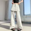 Algodão lavado com design estilo americano e detalhe no painel traseiro, calça pantalona para mulheres, falso conjunto de duas peças, emagrecimento, calça casual levemente flare