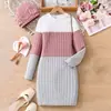 Ropa para niños para primavera y otoño: Vestido de Moda para Niña con Bloques de Color, Vestido de Punto Acanalado Ceñido a la Cintura Combinado con un Gorro de Punto a Juego