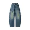 Calças jeans de trabalho punk lavadas e desgastadas com formato de foice para homens, design de múltiplos bolsos, plissadas, calças compridas largas e soltas