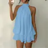 Ropa de Mujer Transfronteriza Europea y Americana de Vacaciones Adelgazante Sexy Espalda Descubierta Cuello Halter Corbata en la Cintura Top Falda Corta Esponjosa Vestido