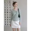 Camiseta rosa de hombros descubiertos para mujer, capa base de otoño, pura y seductora, corte ajustado, diseño único y exquisito