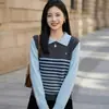 Estilo Nuevo Primavera y Otoño Base de Seda y Lana Cuello Polo Falso Dos Piezas Jersey de Punto para Mujer Manga Larga Ropa Interior para Estilo de Viaje