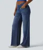 Calça jeans de tricô larga na cintura e perna larga para mulheres, calça comprida justa e elástica, jeans de brim com caimento solto estilo europeu e americano