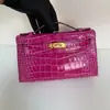 Bolsa Kelly Padrão Crocodilo 22cm Costurada à Mão com Linha Encerada Ferragens de Aço Luxo Leve Couro Genuíno Bolsa de Mão Feminina Bolsa Tote de Couro Bovino de Primeira Camada
