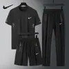 Traje Deportivo Casual de Seda de Hielo para Hombre, Nuevo Estilo de Verano, Camiseta Fina de Manga Corta, Pantalones Cortos, Conjunto de Tres Piezas de Secado Rápido para Correr