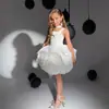 Vestido branco de princesa estilo novo para meninas, vestido de alça de verão infantil transfronteiriço europeu e americano, adequado para desfiles e eventos, com saia bufante floral