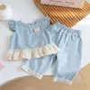 Conjunto Jeans para Meninas Verão Novo Estilo Coelho Desenho Animado Renda Colete sem Mangas Calça Wide Leg Conjunto de Duas Peças Estiloso e Versátil