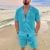 2023 Amazon Ebay Mais Vendida Havaiana Popular Masculina de Verão Gola Lapela Algodão e Linho Cor Sólida Casual Versátil Camisa de Manga Curta